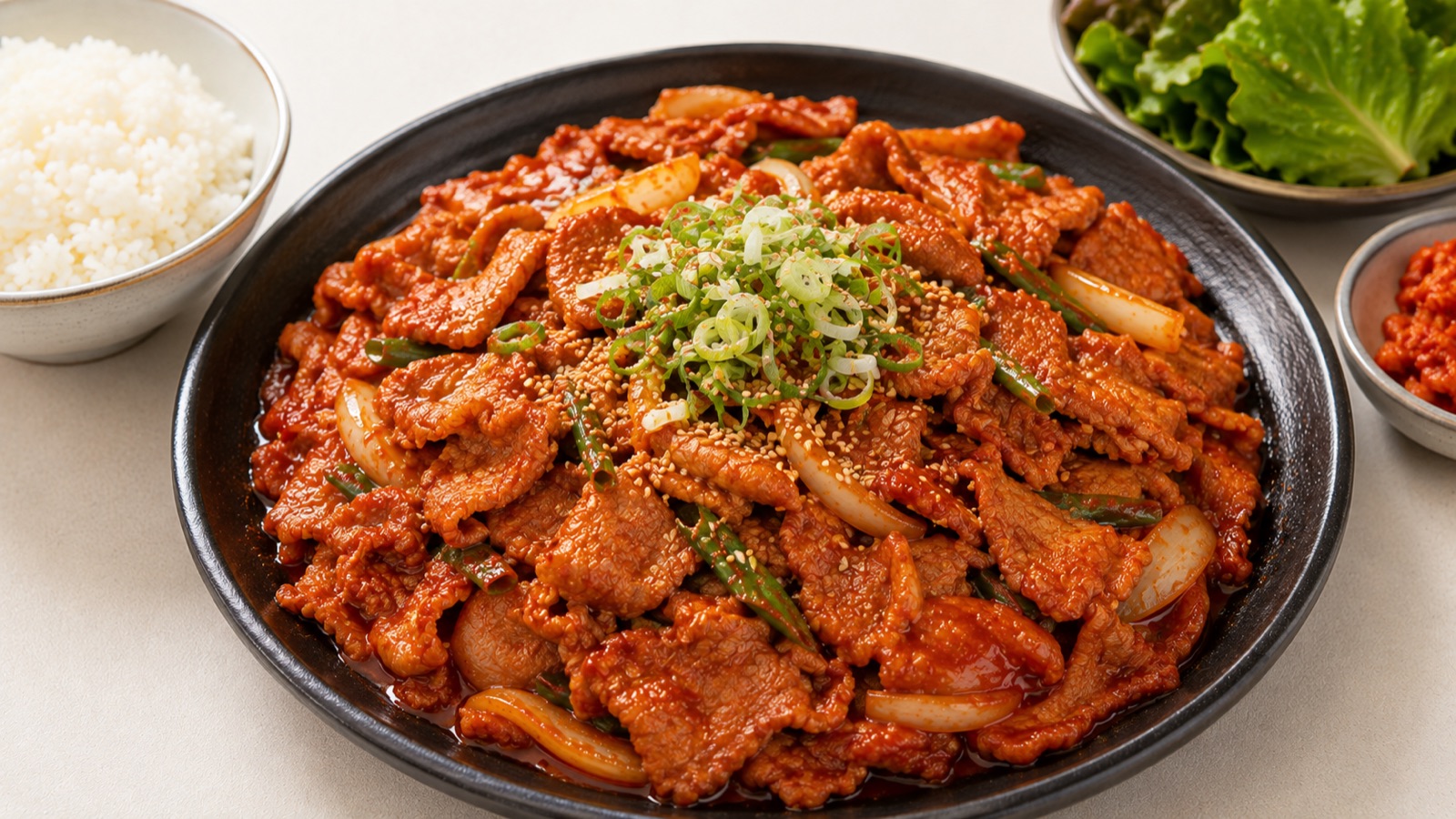 앞다리살 600g에 양파 반 개와 대파를 넣어 볶은 제육볶음입니다.